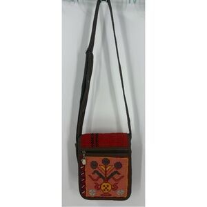 Bohemian Red and Brown Crossbody Bag with Folk Art Embroidery